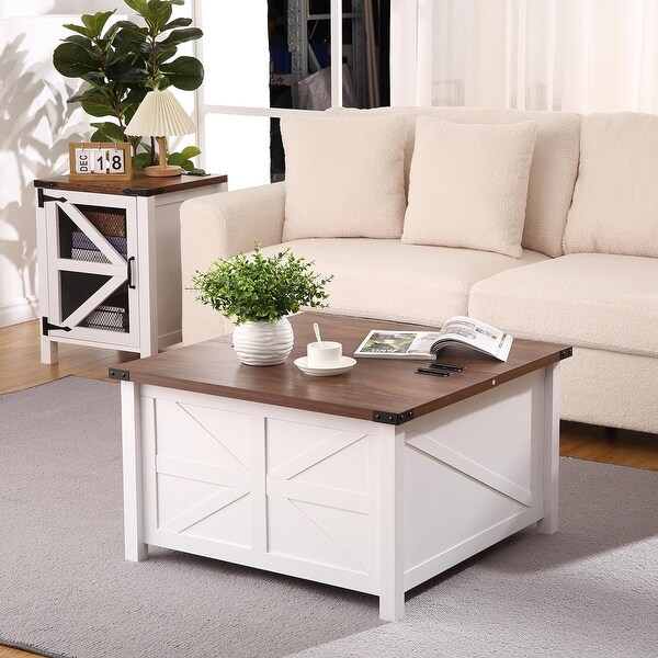 Farmhouse Square Coffee Table，Wood Center Table with Large Hidden Storage Compartment