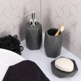 Diamond 4-Pieces Bath Accessory Set with Soap Pump Tumbler Soap Dish and Toilet Brush Holder in Stoneware Grey SET4DIAMOND6180181