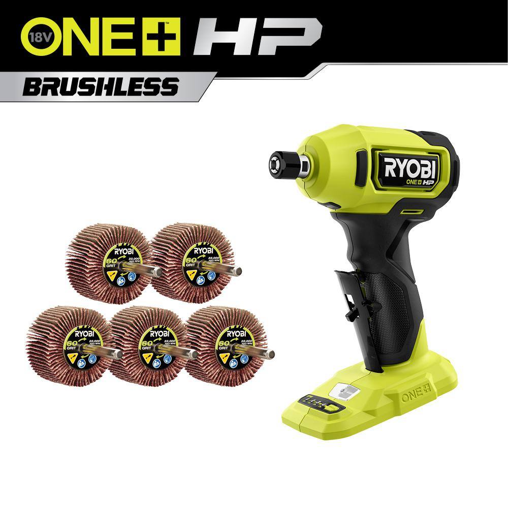 RYOBI ONE+ HP 18V Brushless Cordless Compact 14 in. Right Angle Die Grinder (Tool Only) with 60 Grit Flap Wheel Set (5-Piece) PSBDG01B-A91FW560