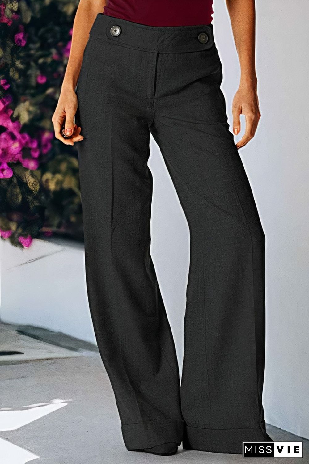 Solid Buttoned Detail Straight Leg Mid Waist Pants