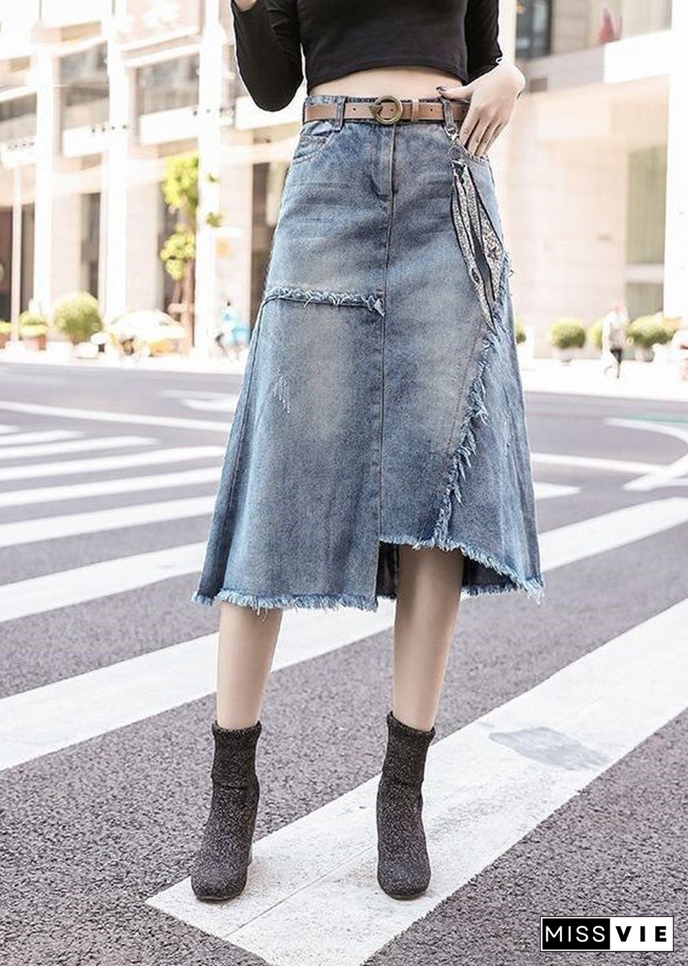 Art Light Blue Asymmetrical Patchwork High Waist Denim Skirt Summer