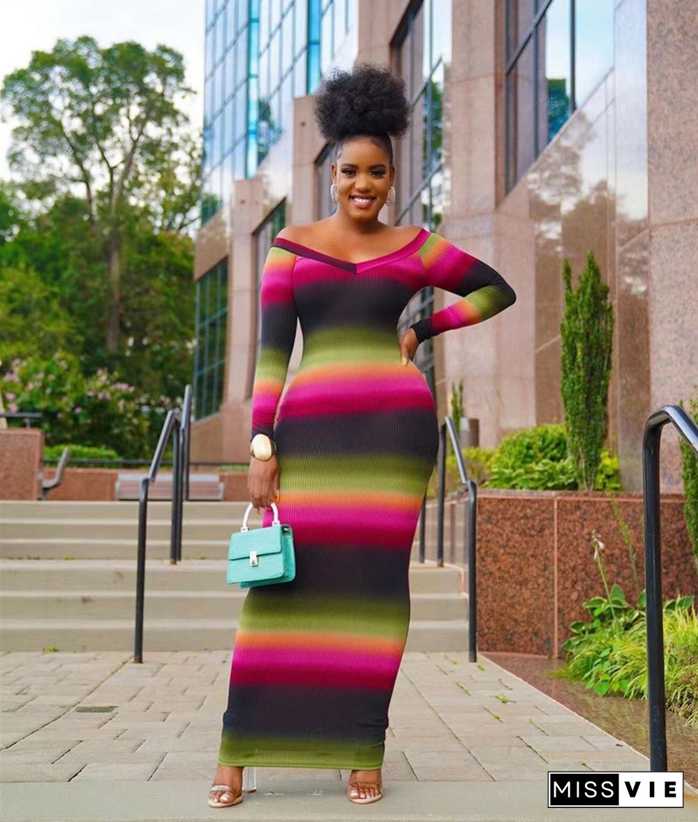 Tie Dye Gradient Striped Long Sleeve Bodycon Dresses