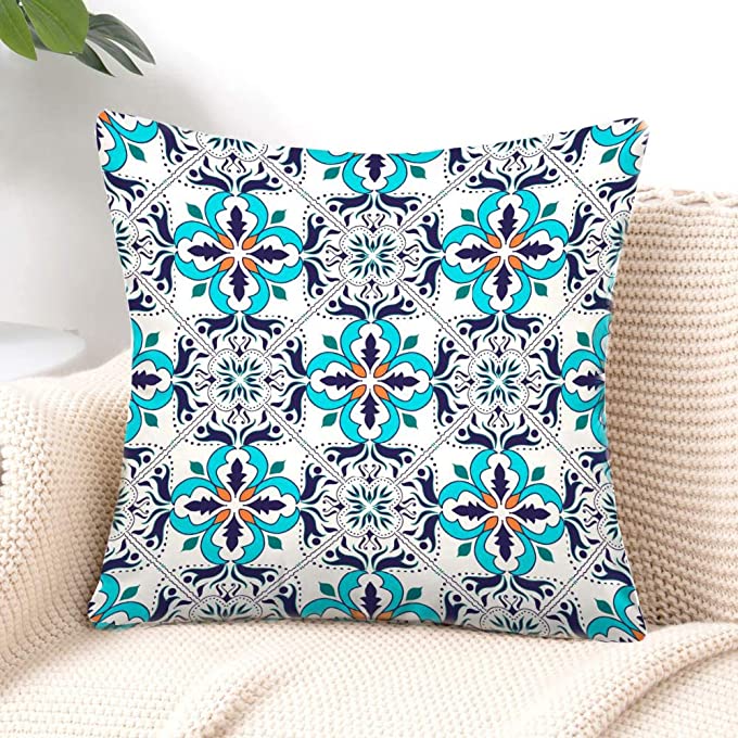 Queen's designer Mosaic Moroccan Pillowcases,4 Pillow Set Home Decoration,Blue Beautiful and Fashion Tiles Moroccan Ornaments Mosaic Throw Pillowcovers 18 x 18 inch Decorative Pillows Case