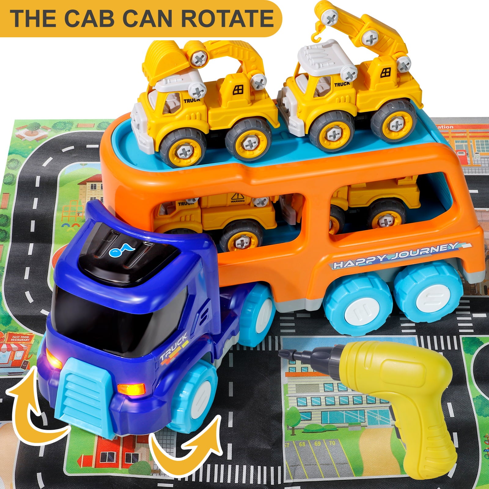 Take Apart Construction Truck Cars Toys for 2 3 4 5 Years Old Toddlers Boys Big Transport Carrier Truck with 4 Small Take Apart Engineering Trucks and Drills Toys with Sound and Light