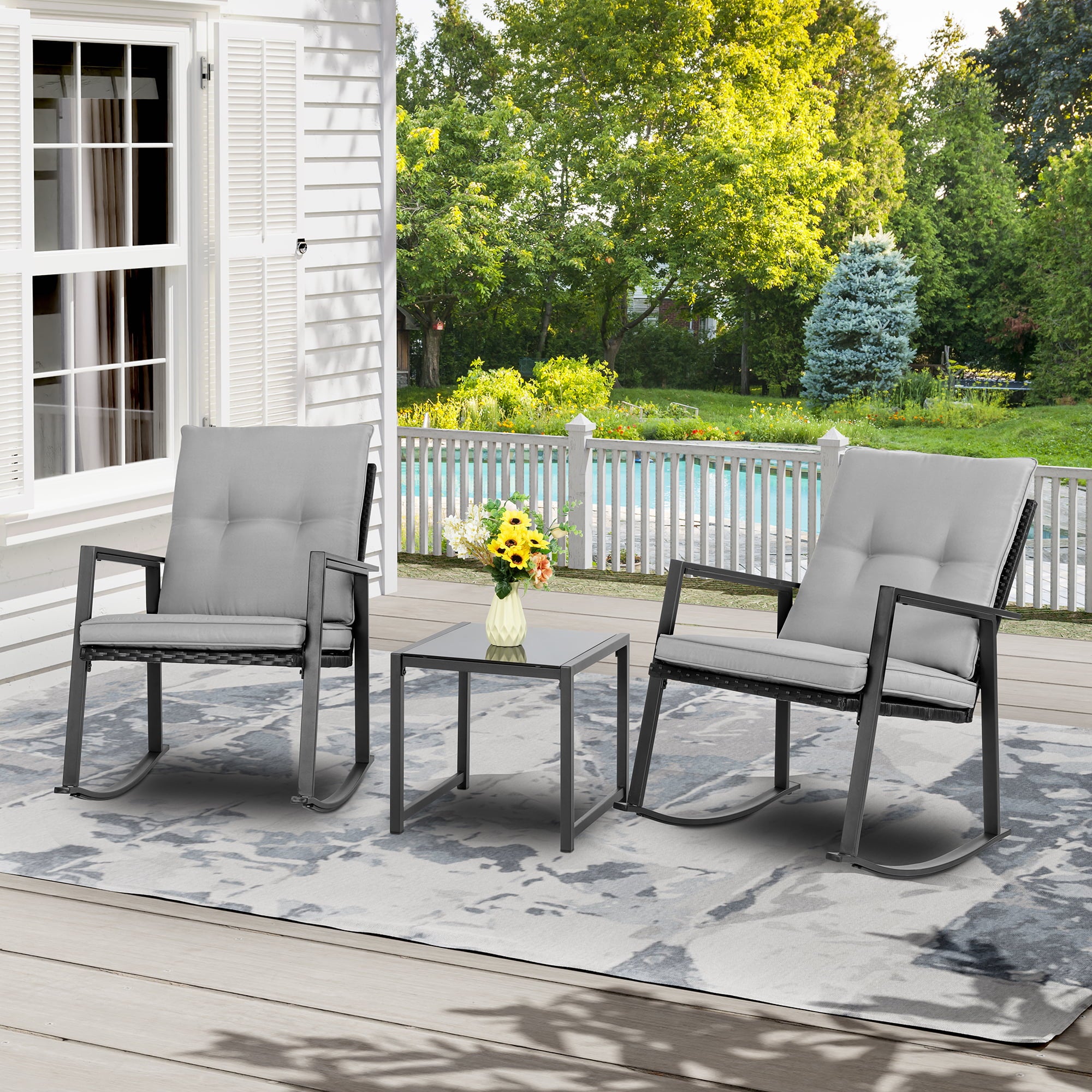 Walsunny 3 Pieces Outdoor Patio Conversation Set  Modern Rocking Rattan Bistro Chair Dark Gray