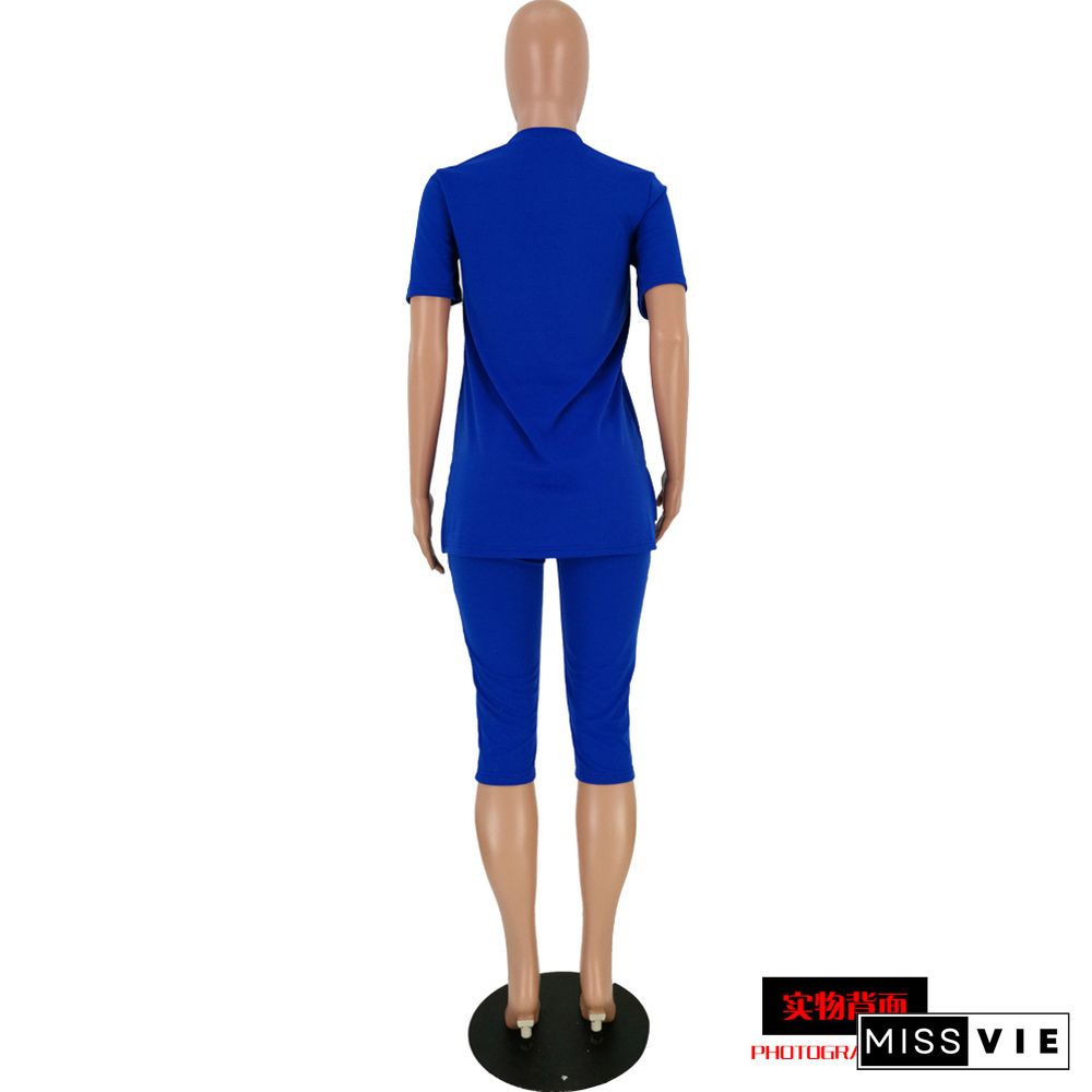 Leisure Blue Short Sleeve T-shirt And Cropped Trousers 2 Pieces Outfits