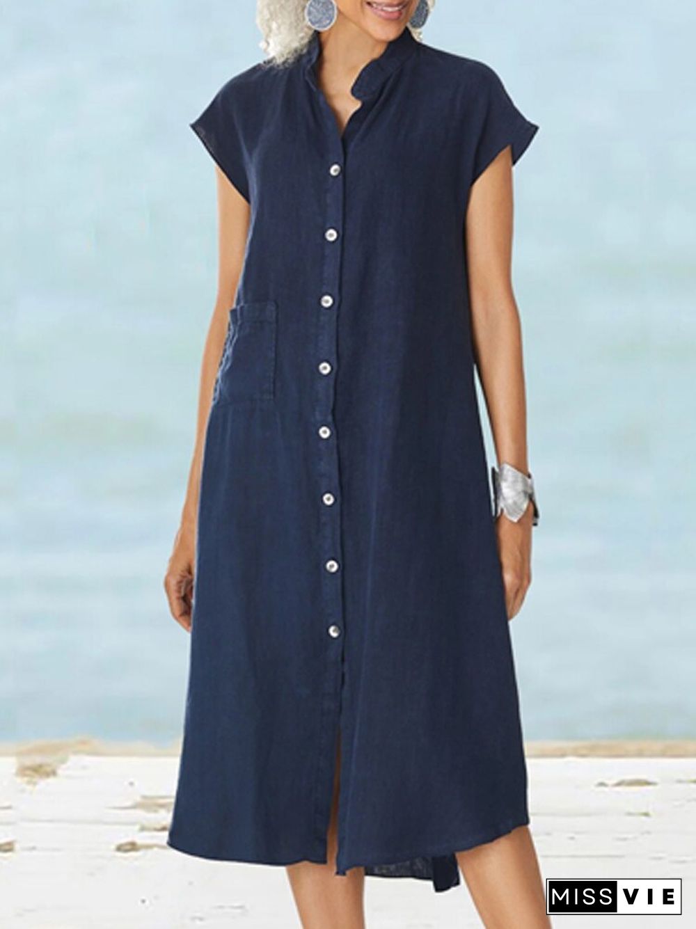 Elegant Casual Cotton Pocket Shirt Dresses Women Solid Single Breasted Office Dress Summer Stand Collar Short Sleeve Loose Dress