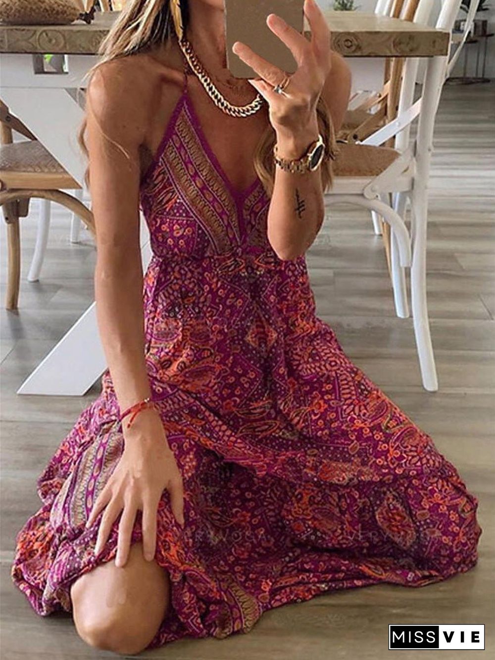 Women'S Dresses Bohemian Print Sling Sleeveless Dress