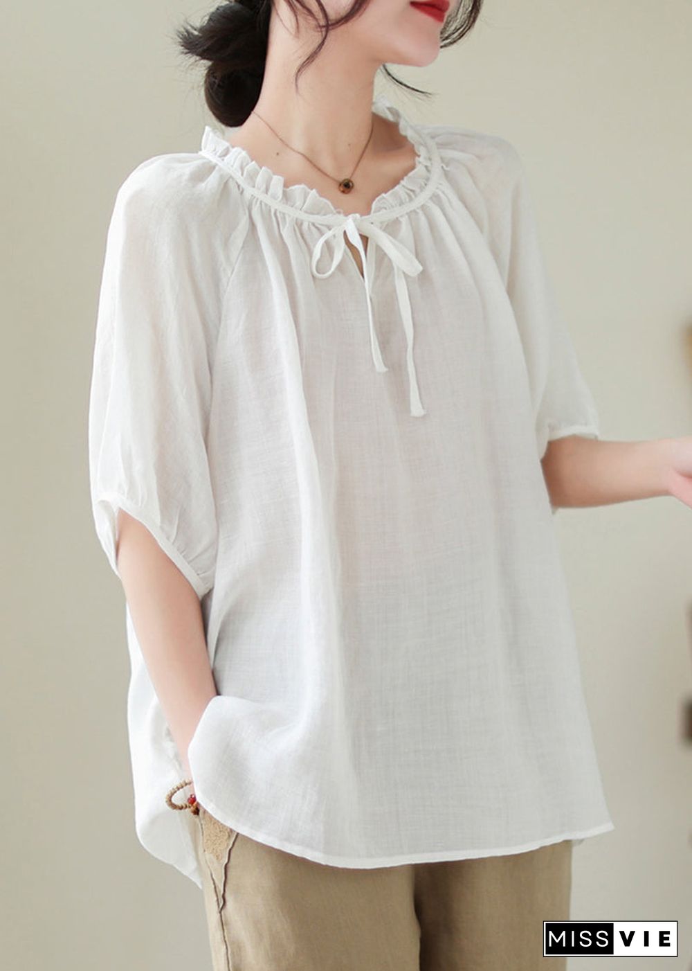 Modern White Lace Up Ruffled Linen Shirts Summer