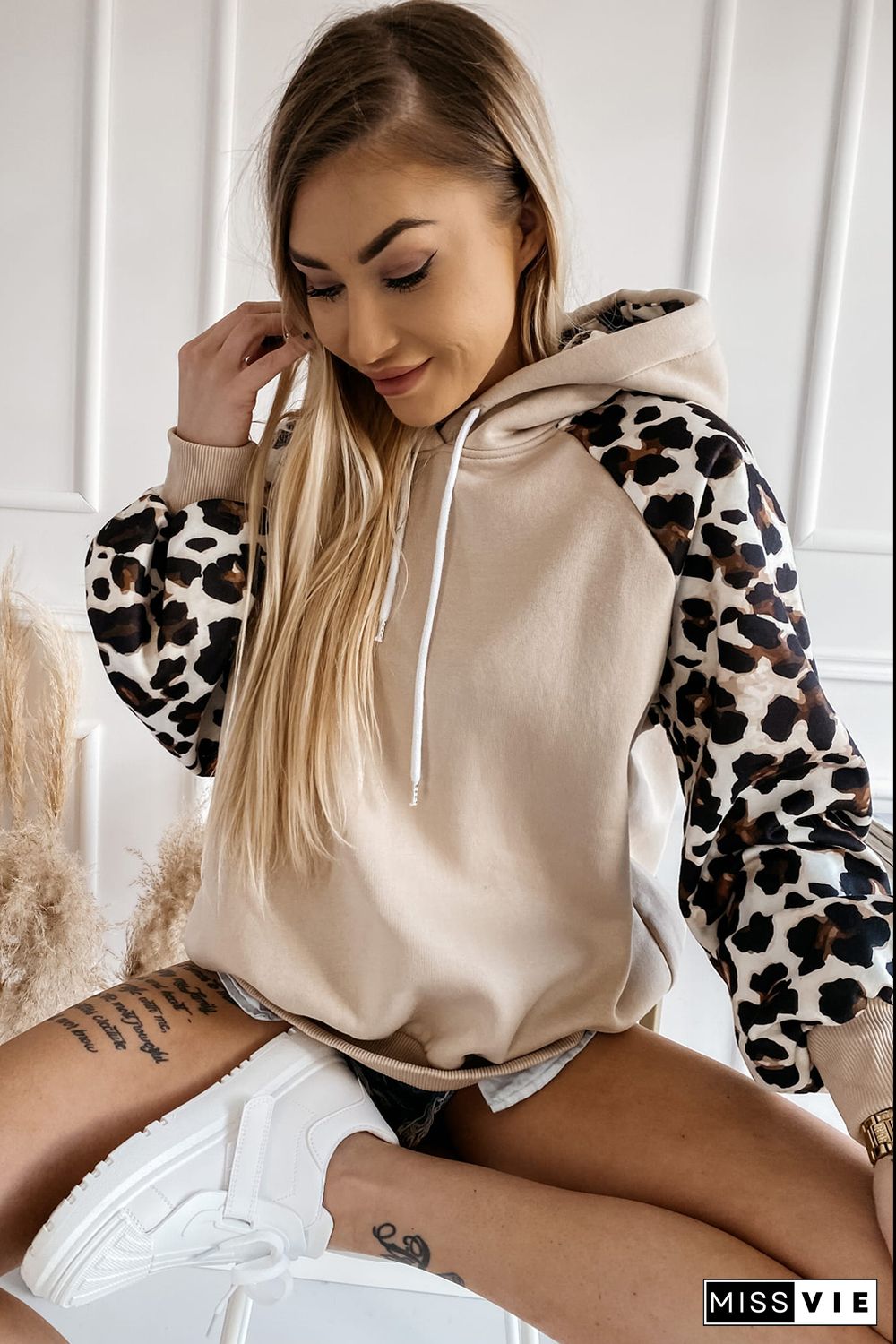 Apricot Leopard Bishop Sleeve Hooded Sweatshirt