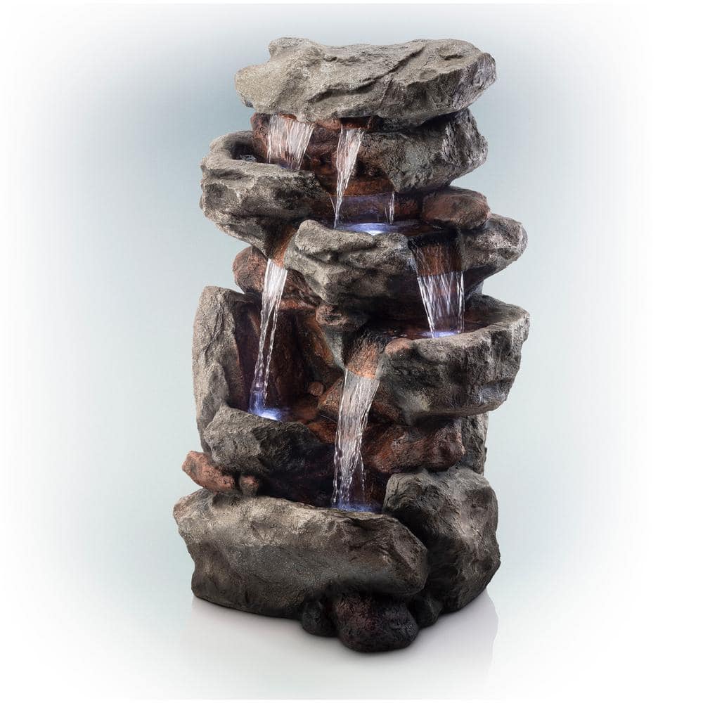 Alpine Corporation 52 in. Tall Outdoor 5-Tier Rainforest Rock Water Fountain with LED Lights WIN730