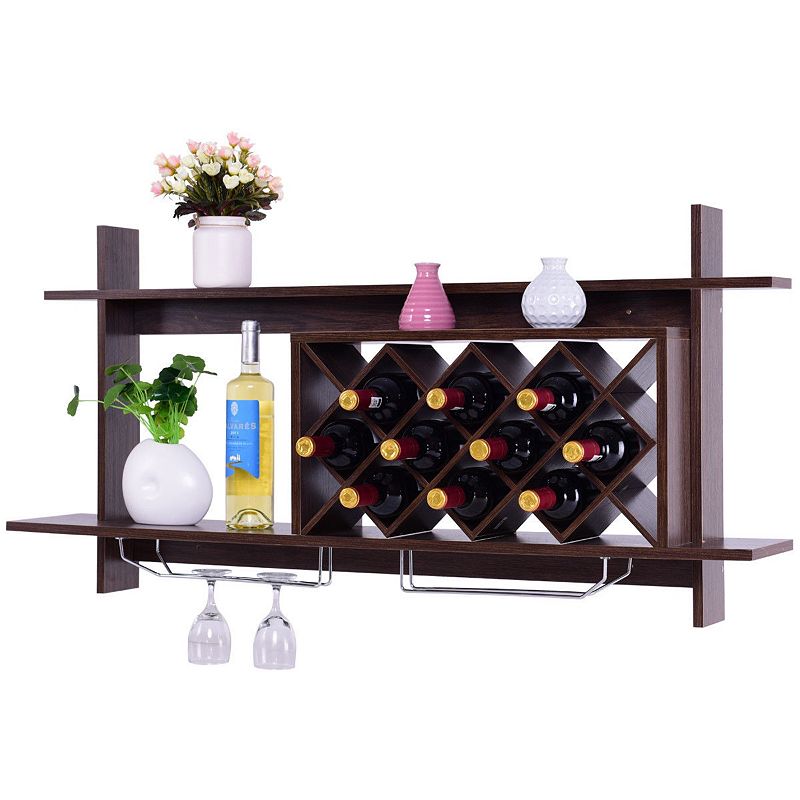 Wall Mount Wine Rack with Glass Holder and Storage Shelf-Walnut