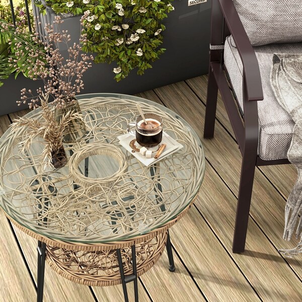 Dana Boho 19inch Outdoor Patio Wicker Round Coffee Table with Tempered Glass Top and Metal Legs by MandL Co.