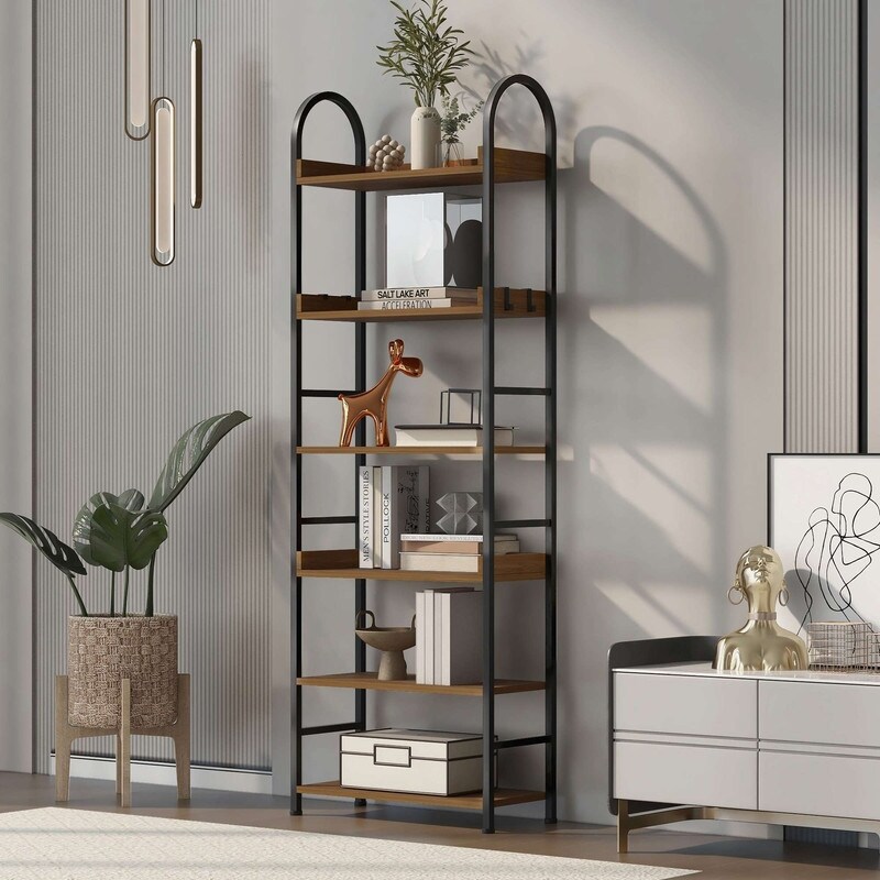 70.8 Inch Tall Bookshelf  6 tier Shelves with Round Top Frame