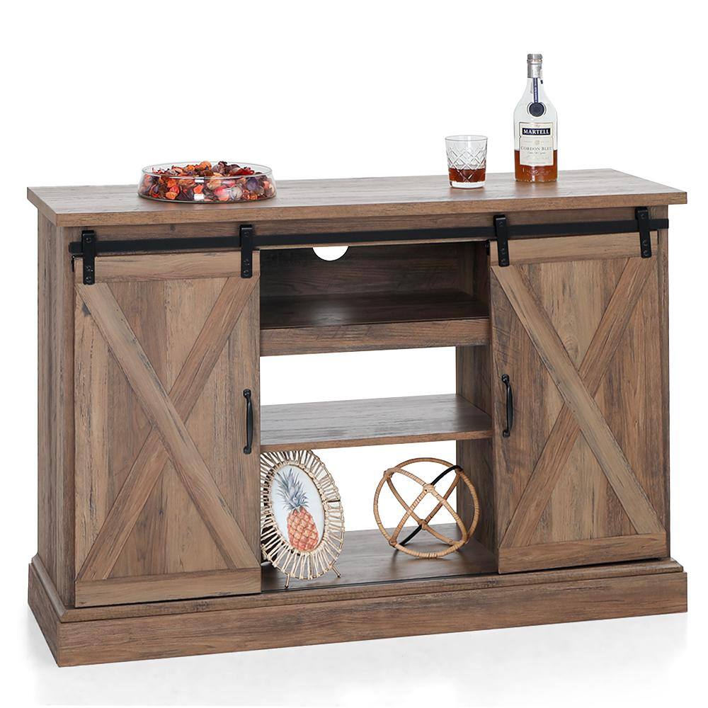 PHI VILLA 47 in. Rustic Barnwood Sliding Double Barn Door Electric Fireplace TV Stand THD-IF-490-18