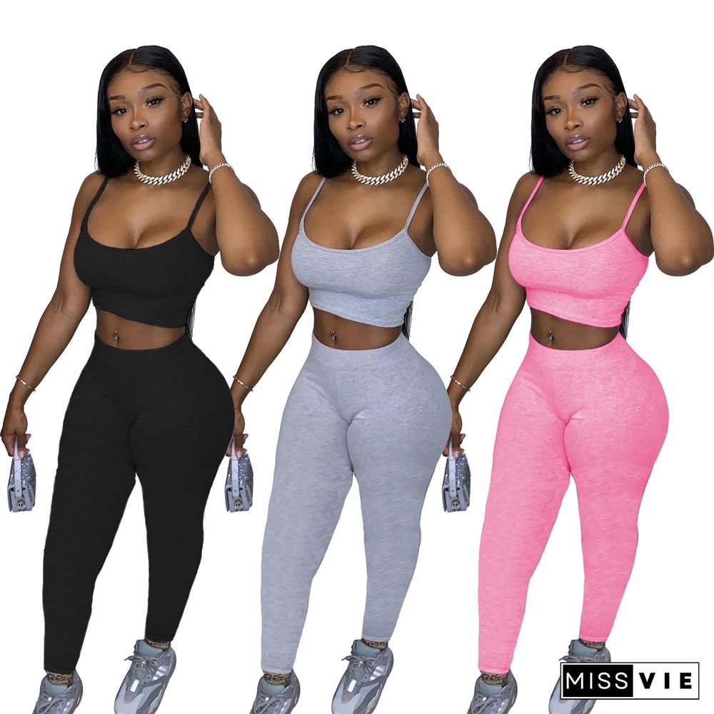 Summer Strap Sport Bra Solid Long Pants 2 Pieces Set