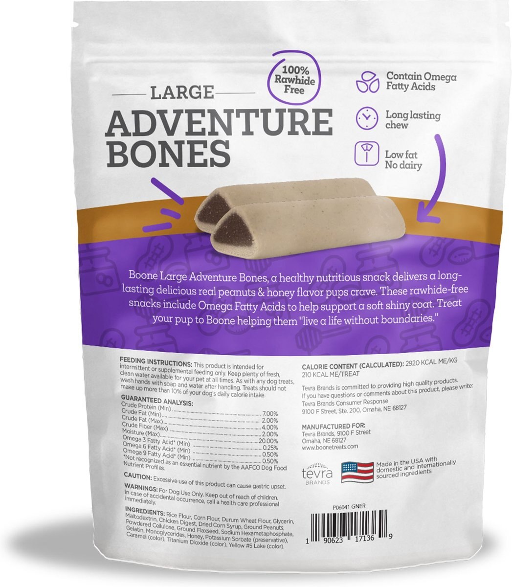 Boone Big Adventure Bones Peanut Butter and Honey Dog Chew Treats， 18-oz bag