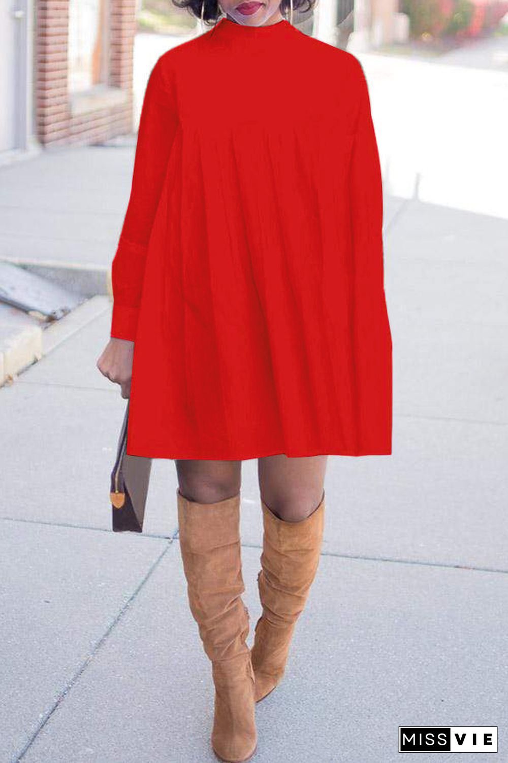 Hot Style Long Sleeves Round Neck Loose Pleated Dress