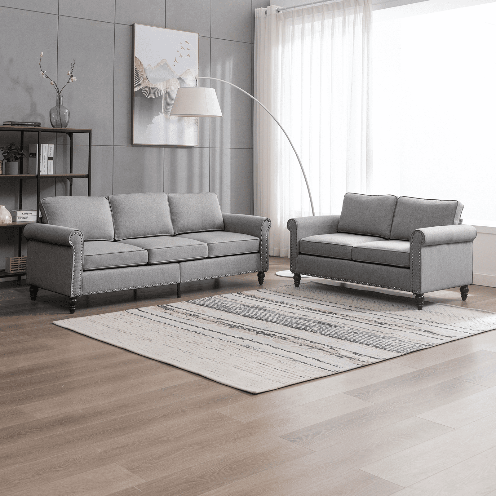 Mjkone Soft Fabric Couches Set for Living Room, Including Three Seat Sofa, Loveseat for Apartment Furniture Set, Light Grey