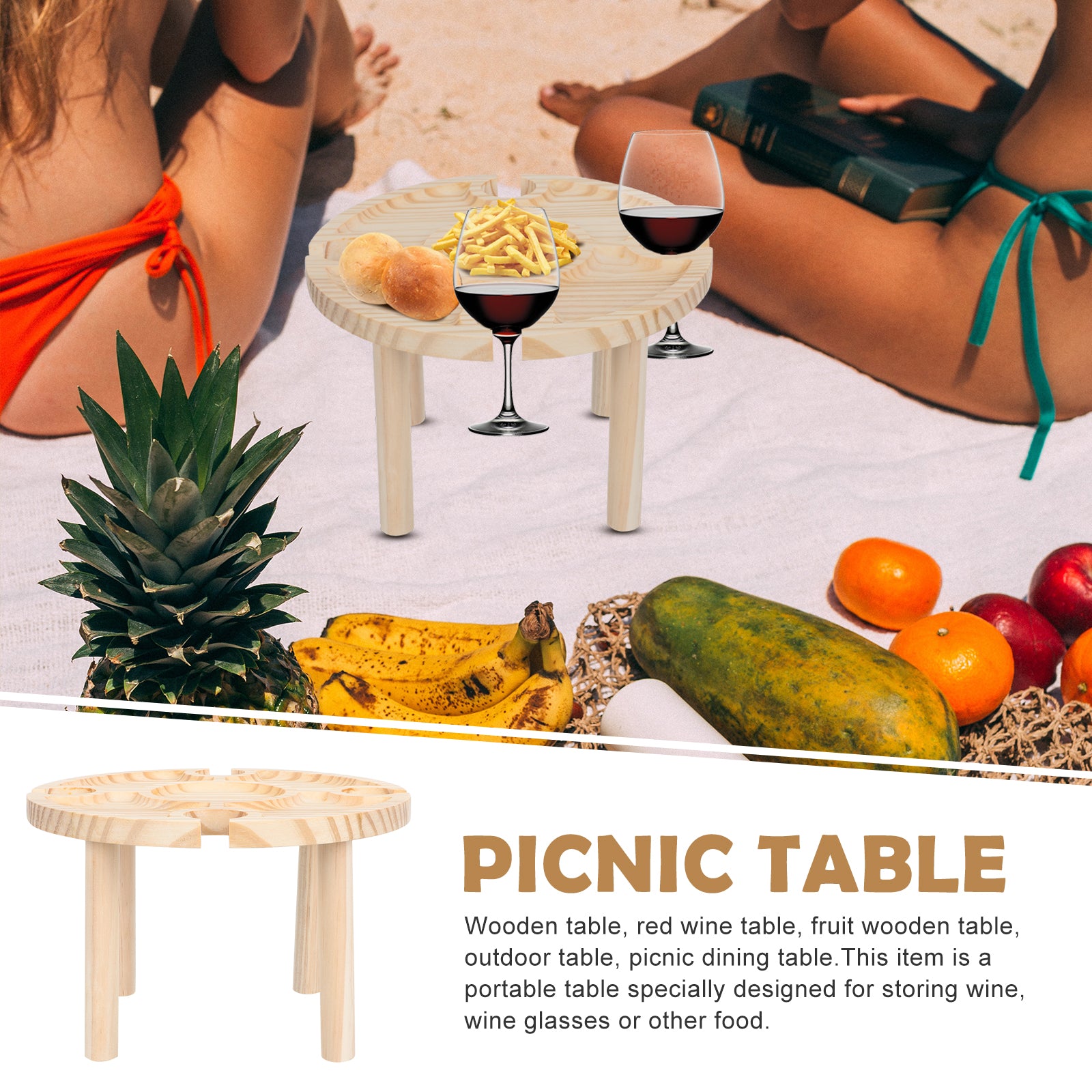 OUNONA 1pc Wooden Wine Table Wooden Picnic Beverage Table Wooden Table Home Supply