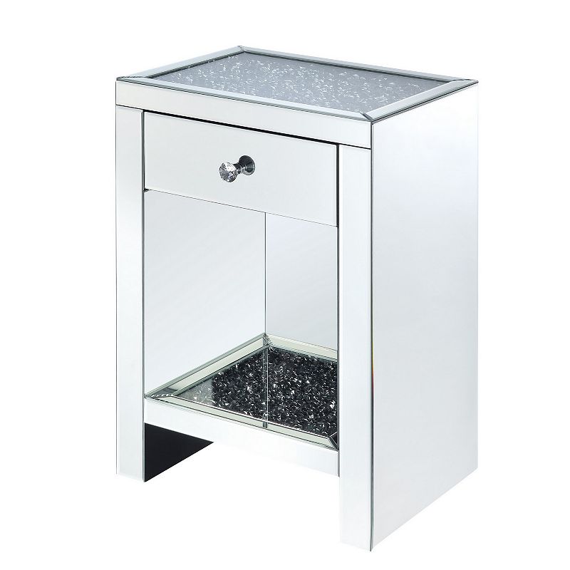 Mirrored Wooden Night Table with 1 Drawer and Bottom Shelf， Silver