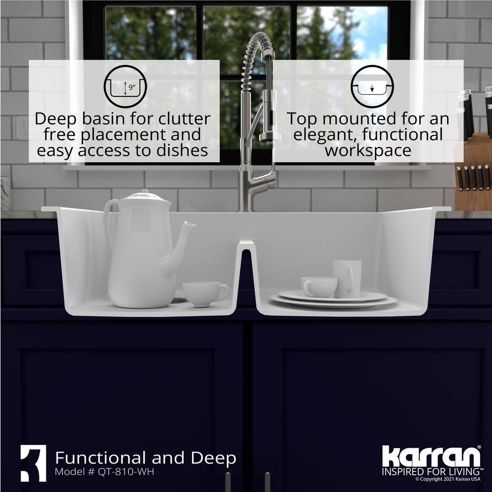 Karran White Quartz 33 in. 5050 Double Bowl Composite Drop-in Kitchen Sink QT-810-WH