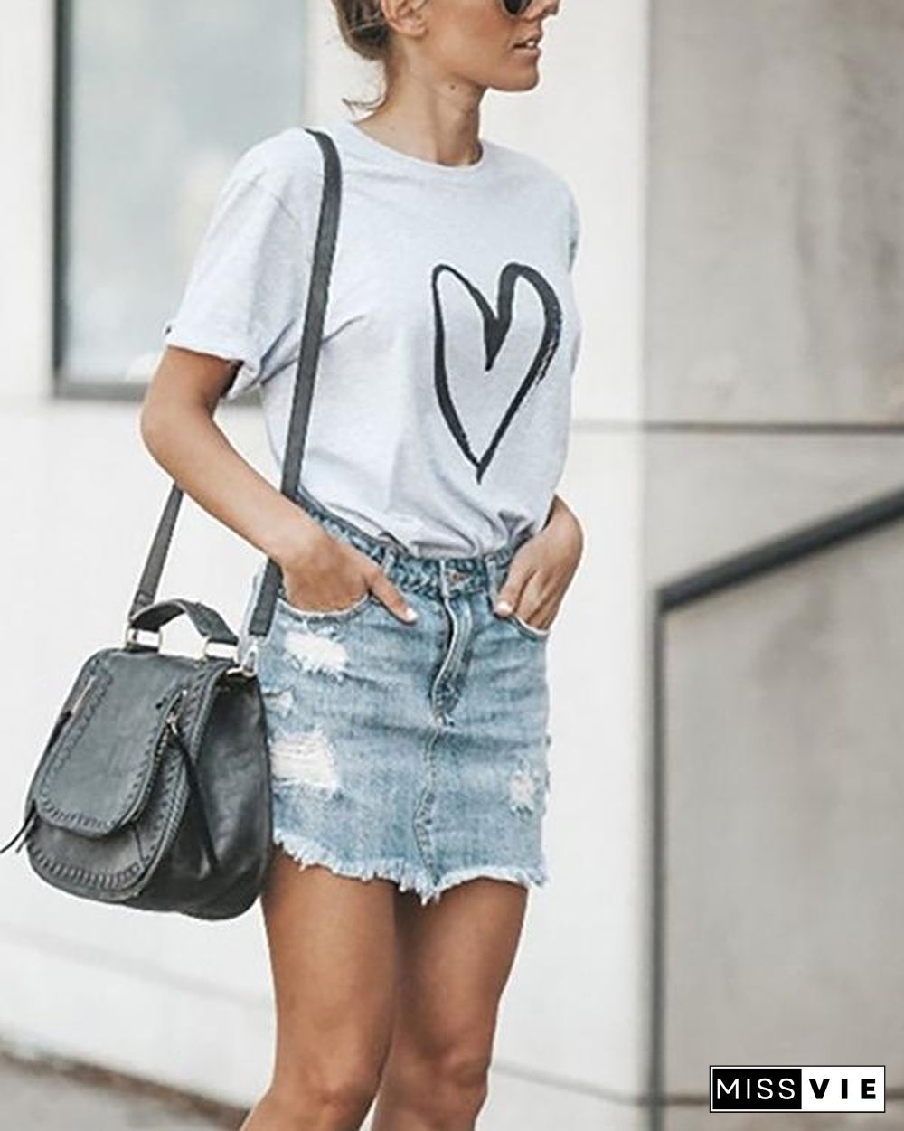 Fashion Casual Loving Printed T-Shirt With Round Collar