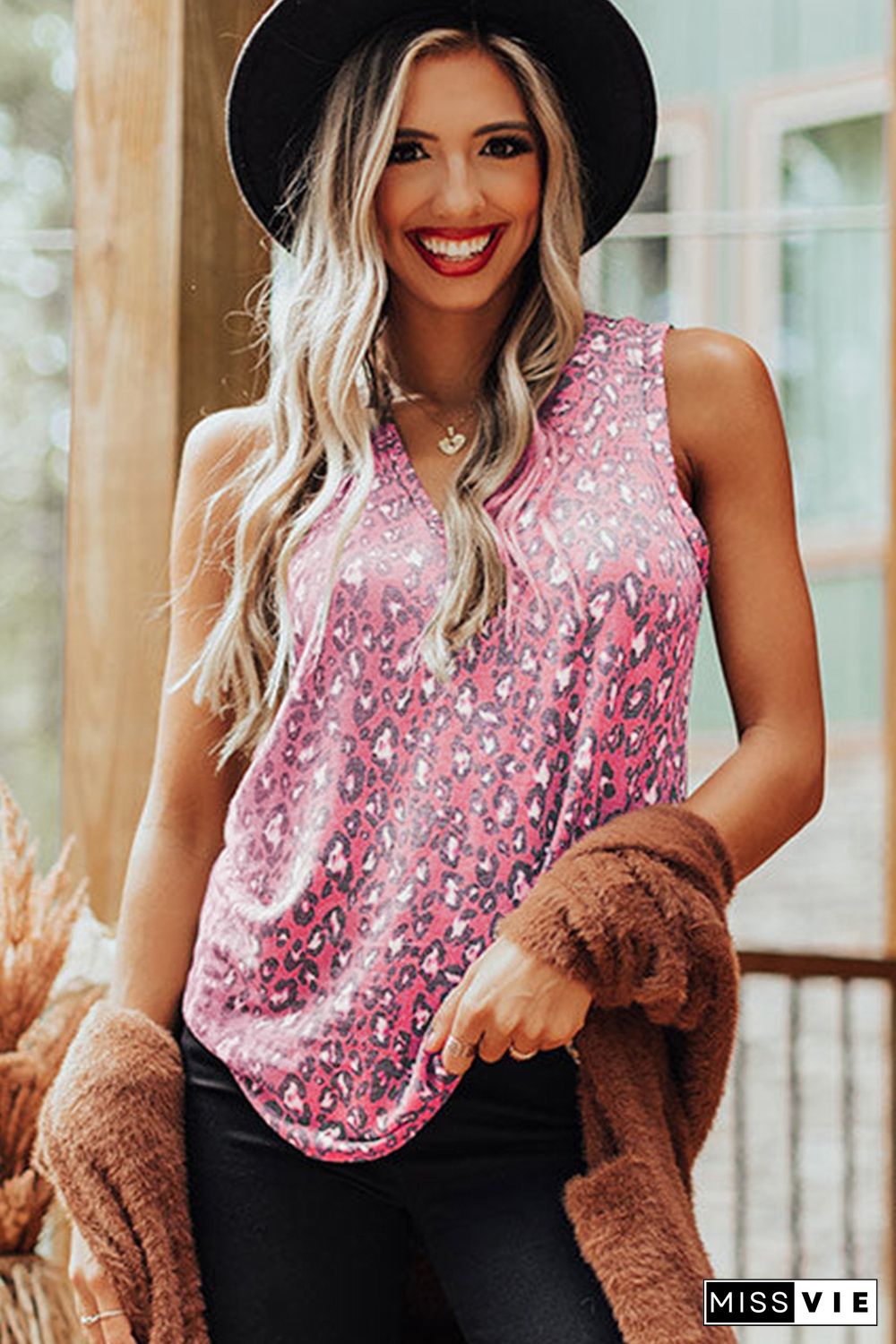 Pink Leopard V Neck Tank Top