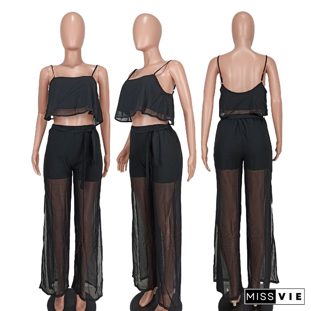 Chiffon Patch Camisole Loose Split Pants 2 Piece Set