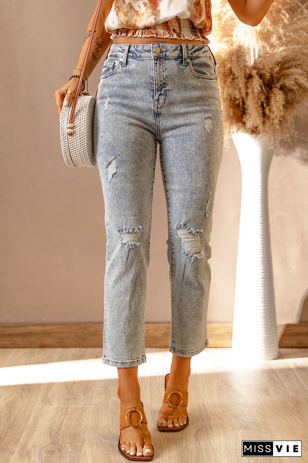 Sky Blue Light Wash Ripped Straight Leg High Rise Jeans