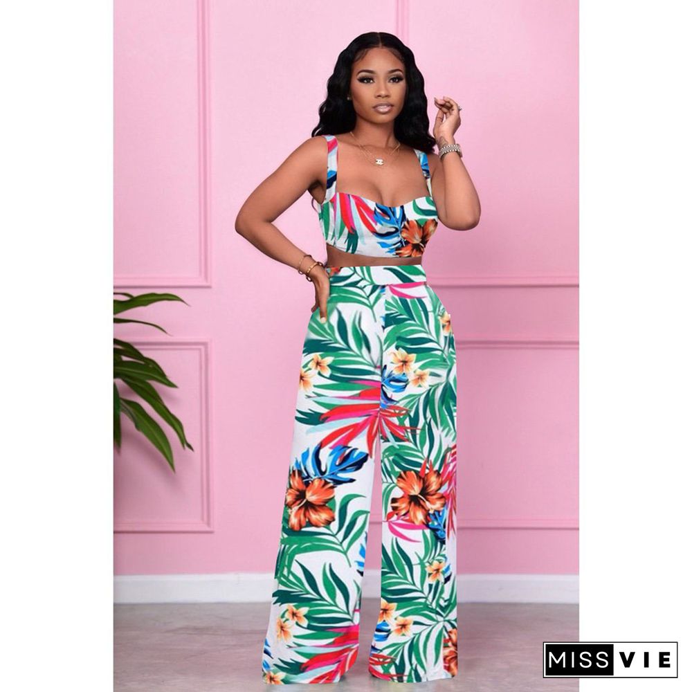 Hawaiian Style Print Halter Crop Top Wide-leg Pants 2 Piece Set