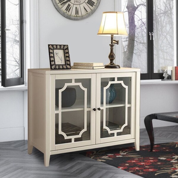 White Wood Console Table Storage Cabinet With 2 Glass Door and Shelf