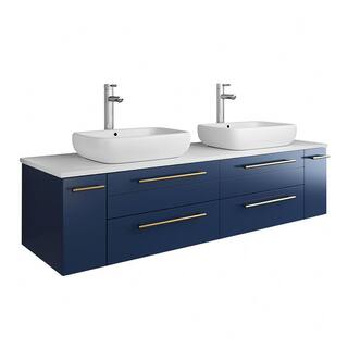 Fresca Lucera 60 in. W Wall Hung Bath Vanity in Royal Blue with Quartz Stone Vanity Top in White with White Basins FCB6160RBL-VSL-D-CWH-V