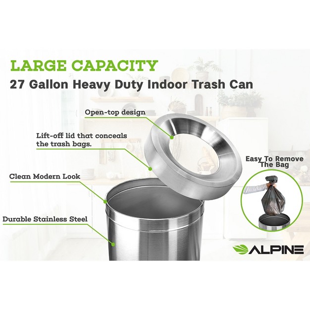 Alpine Industries Stainless Steel Trash Can With Open Lid 27 gallon 2 pack alp475 27 2pk