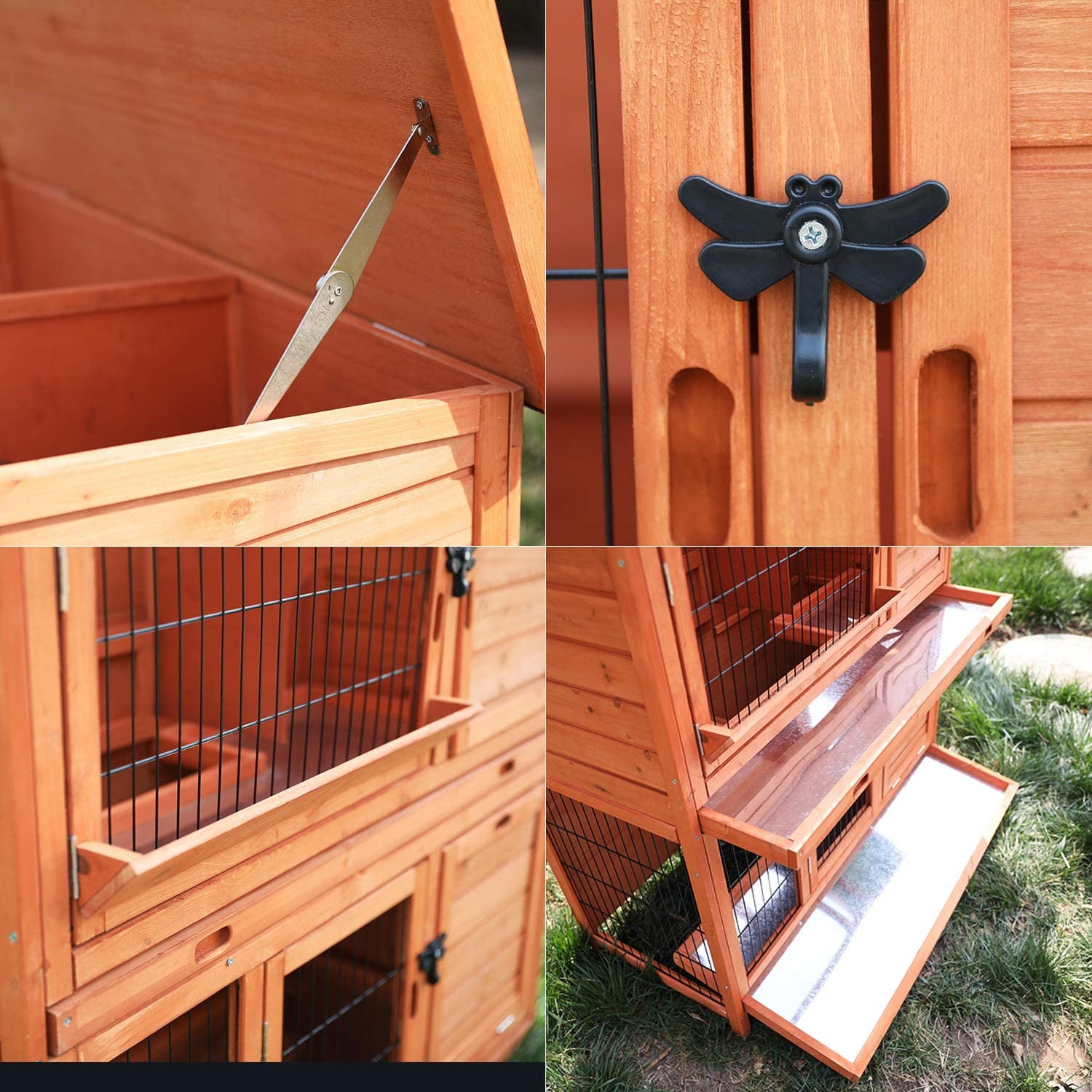 LAZY BUDDY Rabbit Hutch， Indoor Outdoor Wooden Bunny Cage with Waterproof Roof， Removable Tray