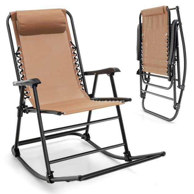 Costway Folding Zero Gravity Rocking Chair Rocker Porch Outdoor Patio Headrest Beige