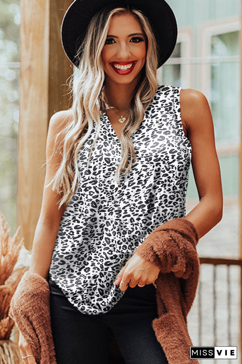 White Leopard V Neck Tank Top