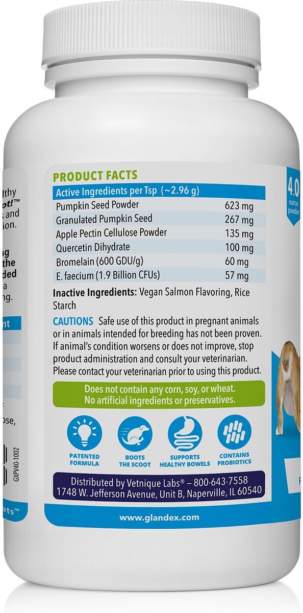 Vetnique Labs Glandex Anal Gland and Probiotic Salmon Flavored Pumpkin Fiber and Digestive Vegan Powder Supplement for Dogs and Cats