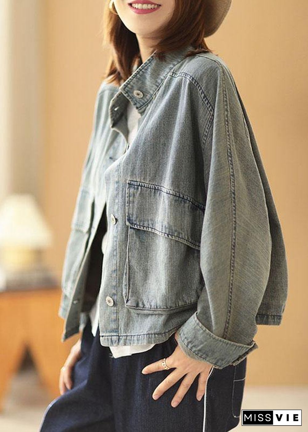 Plus Size Light Blue Pockets Button Fall Denim Long Sleeve Coat