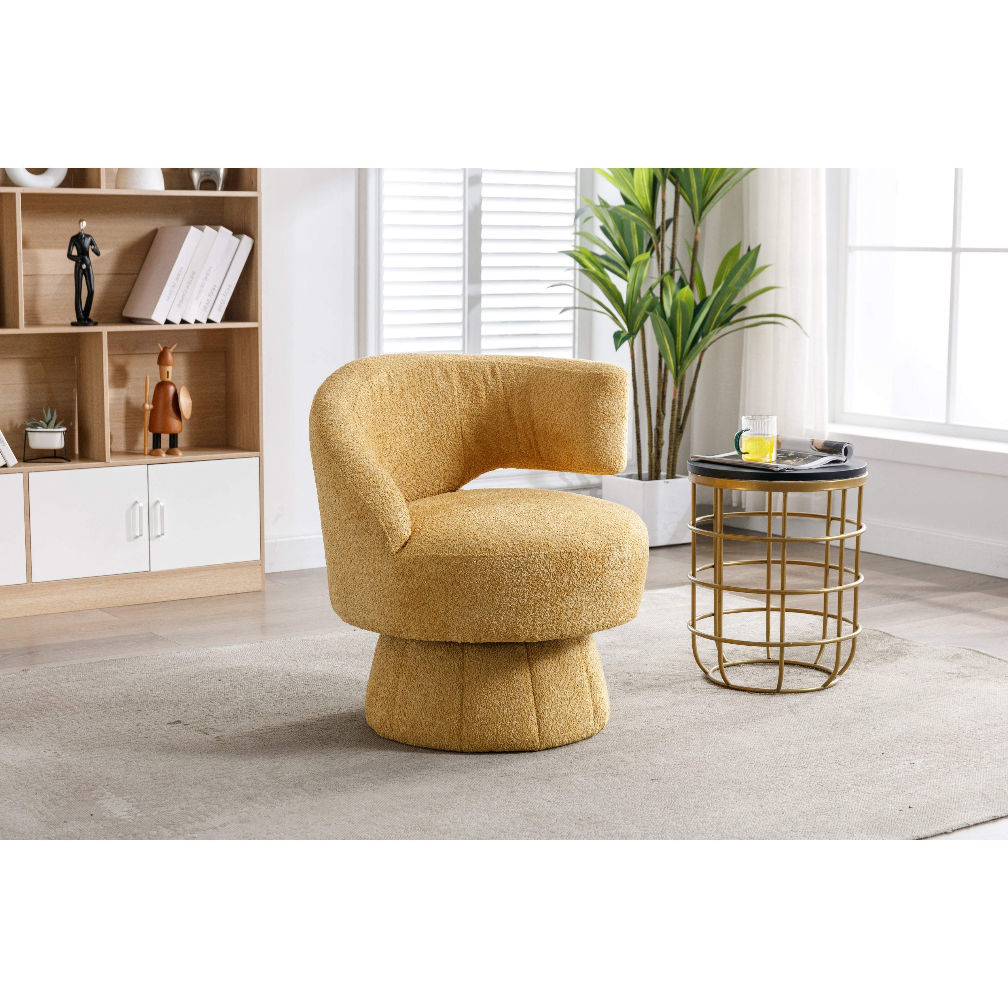 360 Degree Swivel Barrel Accent Chair， Unique Design Chenille Chair， Lazy Single Sofa for Living Room