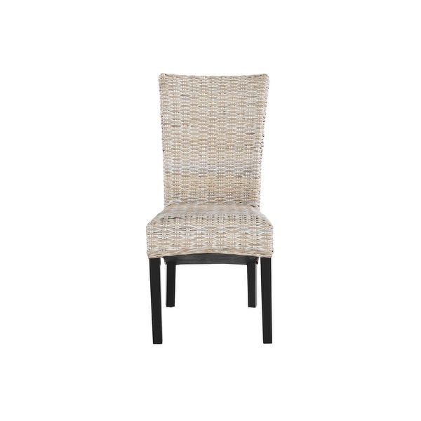 19 Inch Dining Side Chair， Woven Wicker， Wood， Set of 2， Off White， Black