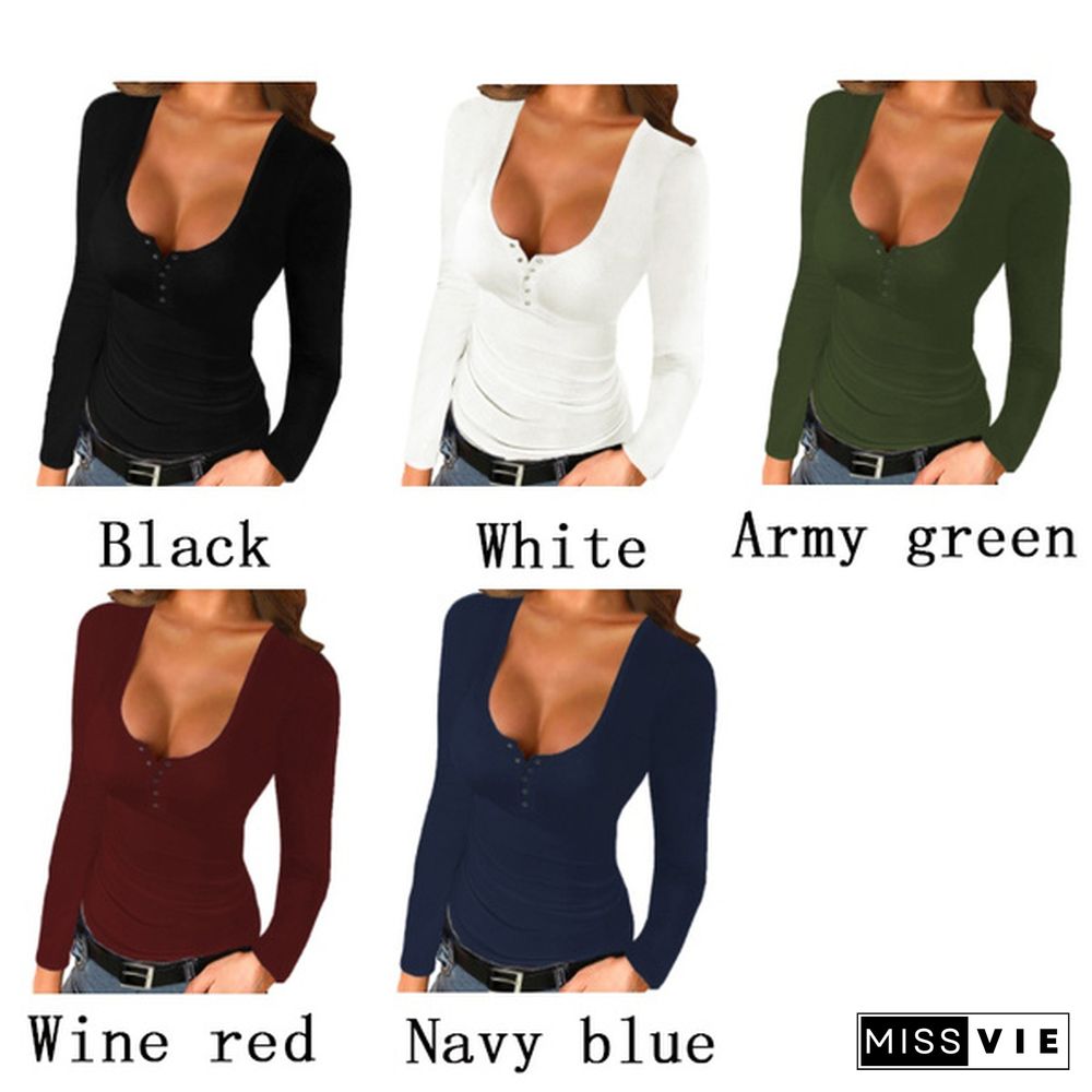 Spring Tight-fitting Bottoming Shirt U-neck Ribbed Long-sleeved Blouse Women's Clothing