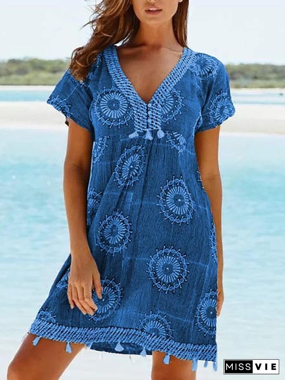 Women Casual Short Sleeve V Neck Summer Beach Dress