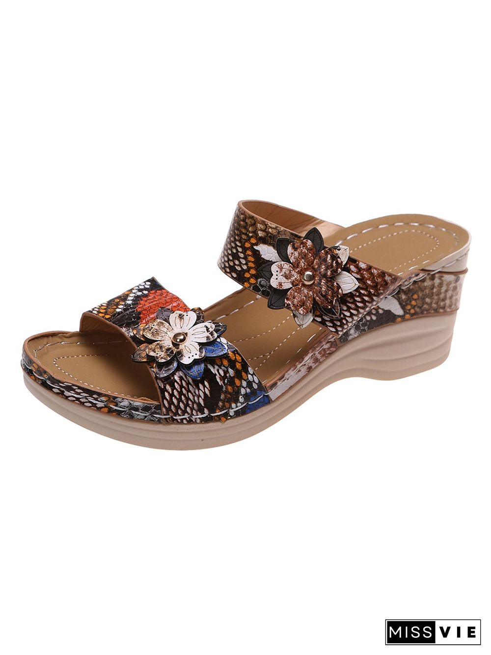 3D Floral Snake Print Wedge Sandals Slippers