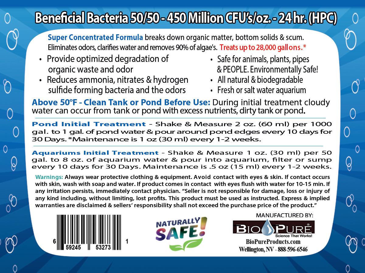 Bio Pure Pond and Aquarium BENEFICIAL treats up to 28，000. gal. Our Bacteria Digest Organic Waste Improve Fish Plant Health. Better Water Clarity Quality Reduced Water Changes Extends Water Pump Life