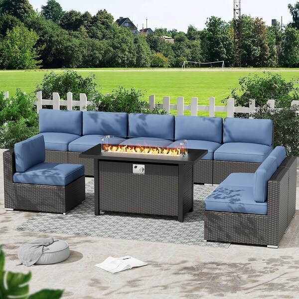 9Piece Outdoor Patio Furniture Sectional Sofa Set with Fire Pit Table