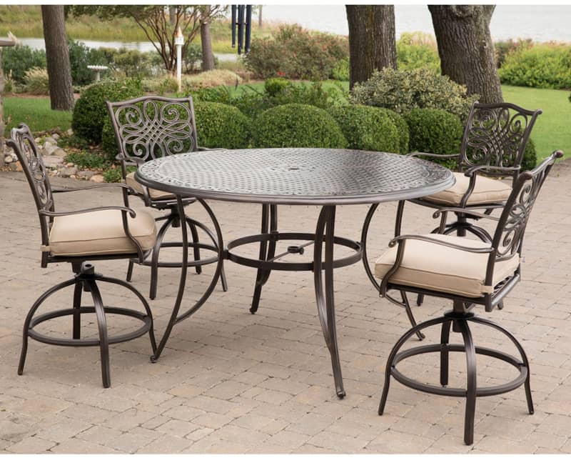 Hanover Traditions 5-Piece Outdoor Dining Set In Tan/Cast With 4 Counter Height Swivel Rockers， 56 Round Cast-Top Table