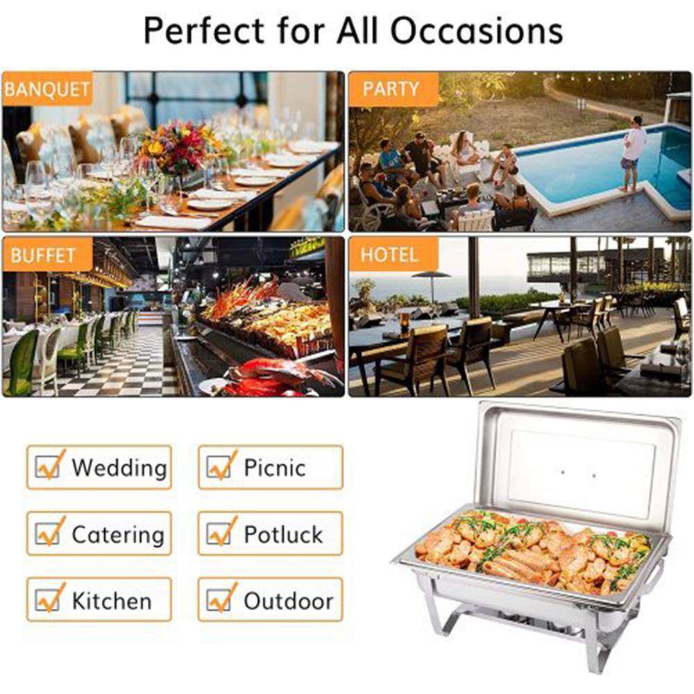 FUNKOL 9 Qt. Grip Foldable Frame Silver Rectangular Full Size Stainless Steel Buffet Plates for Parties Restaurants  4-Piece LML-94870