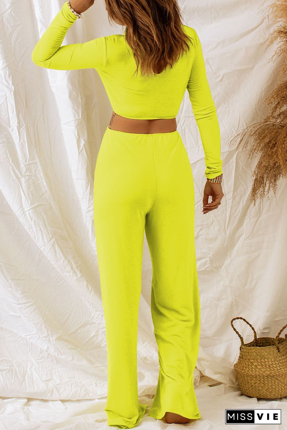 Yellow Cut Out Knotted Long Sleeve Wide Leg Jumpsuit