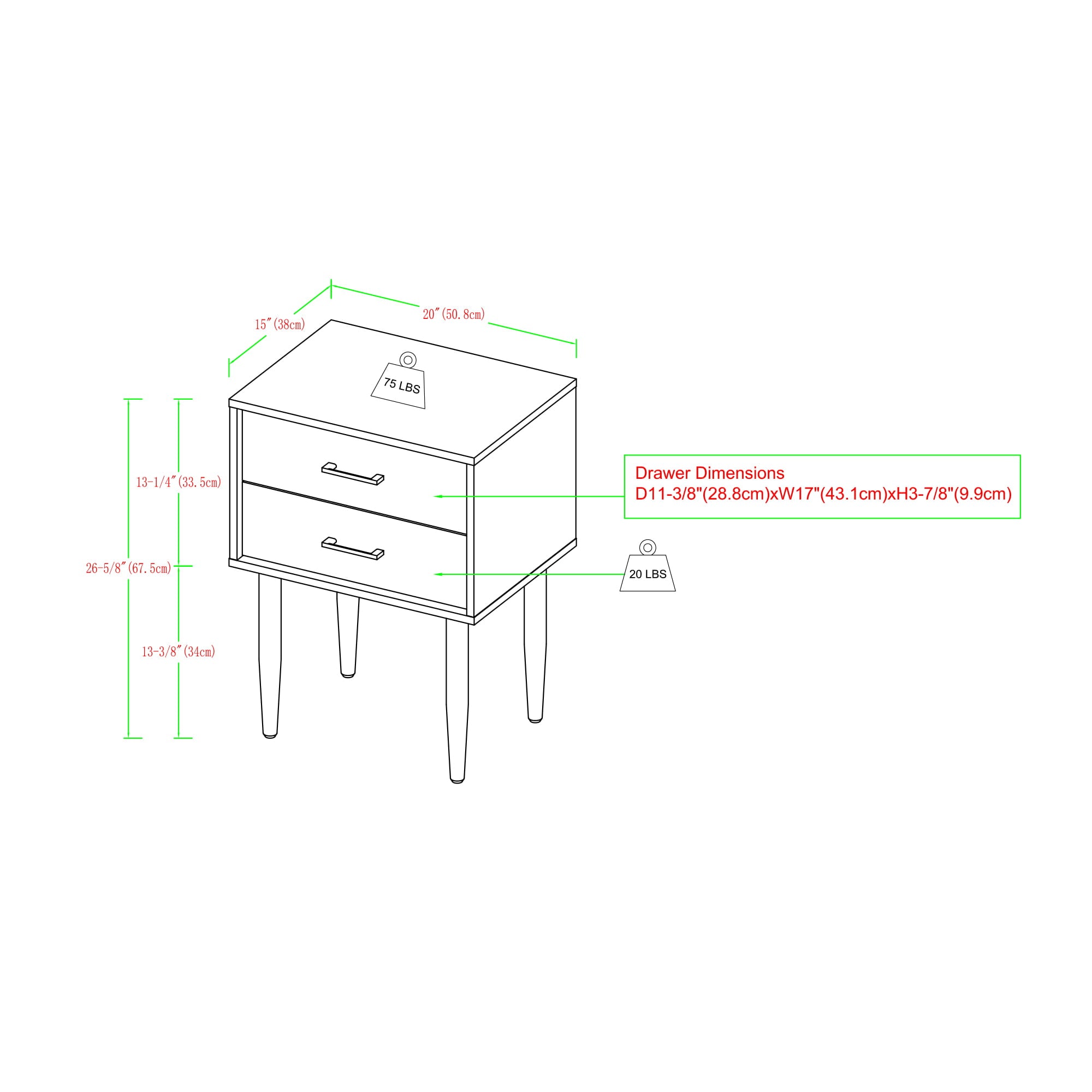 Desert Fields Mid Century Modern Two-Drawer Nightstand, White